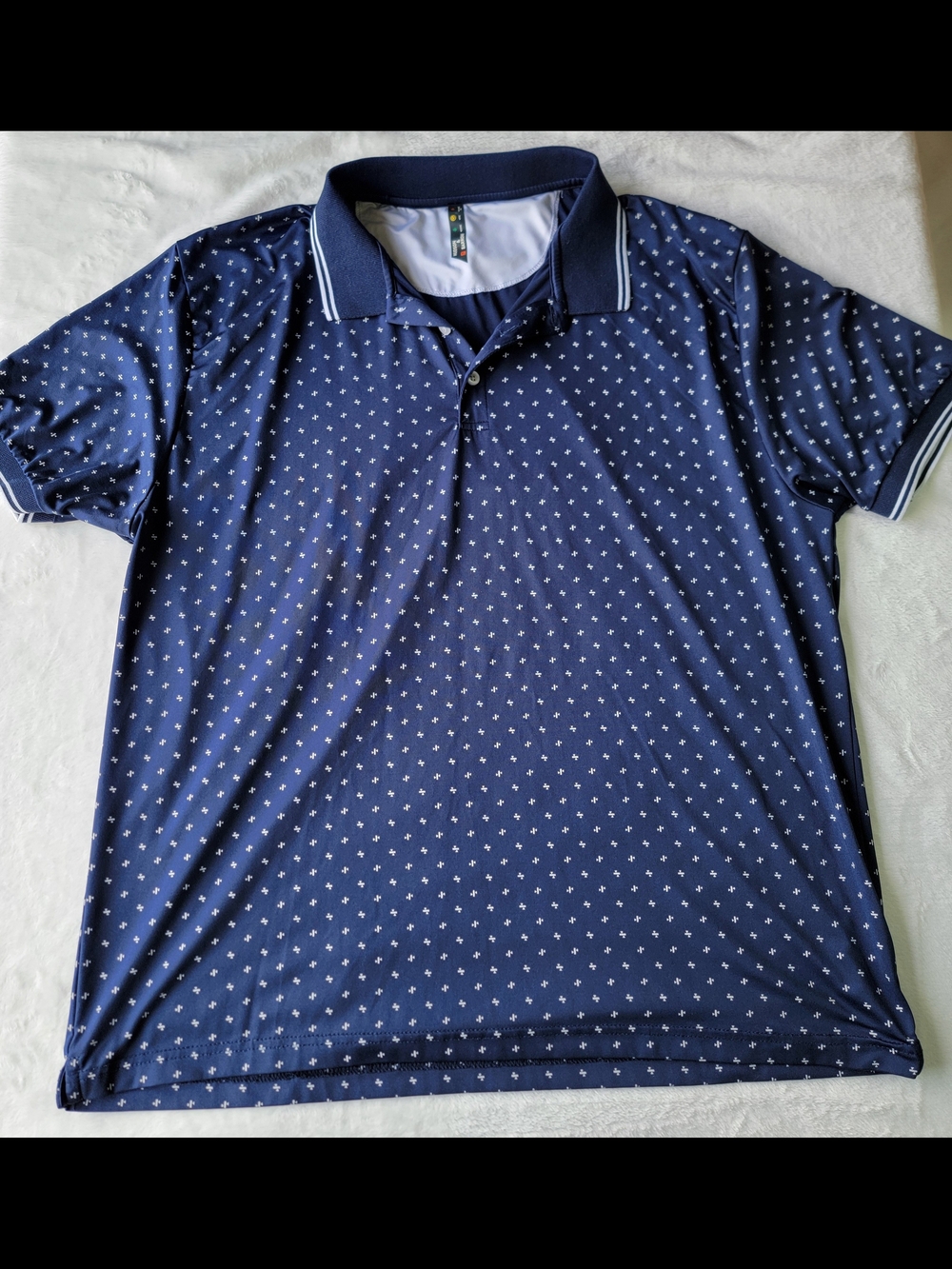 Men's Navy Polo Shirt with Micro Dot Print and Contrast Trim